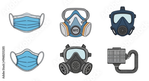 Collection of Face Masks and Gas Masks for Respiratory Protection with Filter Element, in a Bright Studio