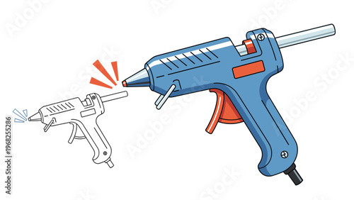 Set of two glue gun illustrations showing a colored blue version in use and a simple black and white line art sketch version.