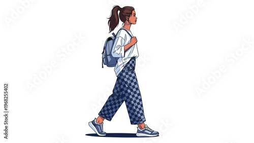 Trendy full-body illustration of a young woman with a ponytail walking while wearing a white top, checkered pants, and a blue backpack.