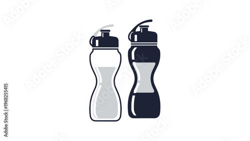 Simple illustration of two sleek sports water bottles presented in contrasting light and dark shades with ergonomic designs and flip-top lids.