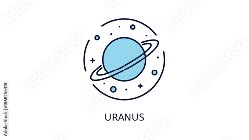 Modern line art illustration of the planet Uranus with its distinctive rings surrounded by small stars and the name of the planet written below.