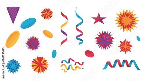 Colorful assortment of party decorations including spiraling streamers, bright confetti shapes, starbursts, and a festive party hat.