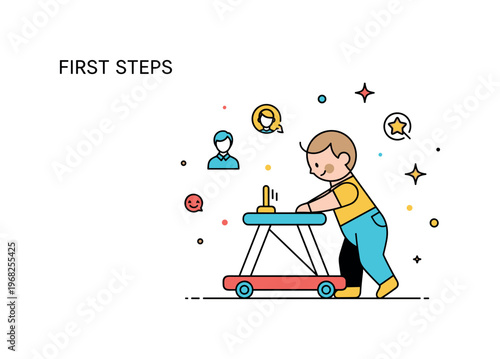 First steps baby walker scene where a child experiments with a walker while small sparkle and star icons emphasize learning, confidence, and curiosity. The