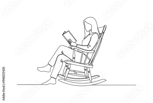Cozy Rocker Scene. Minimalistic one-line drawing person sitting with book in wooden rocking chair, continuous single black line on white background, simple