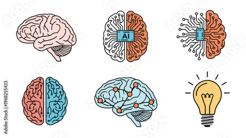 Collection of six colorful brain-themed icons representing human anatomy, artificial intelligence, digital connectivity, and creative ideas.