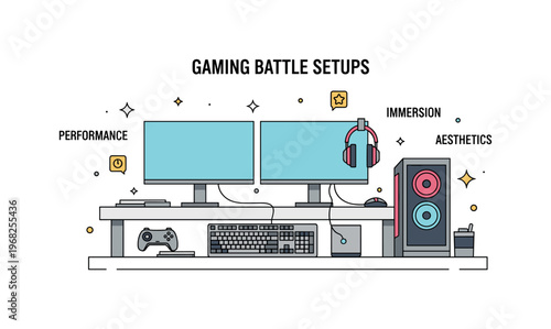 Gaming room setups PC battlestation concept where a high-end computer setup includes RGB keyboards and monitors while tiny sparkle and star icons highlight