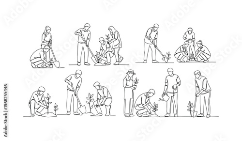 Environmental Volunteers. Minimalistic one-line drawing people working in teams planting trees outdoors, continuous single black line on white background,