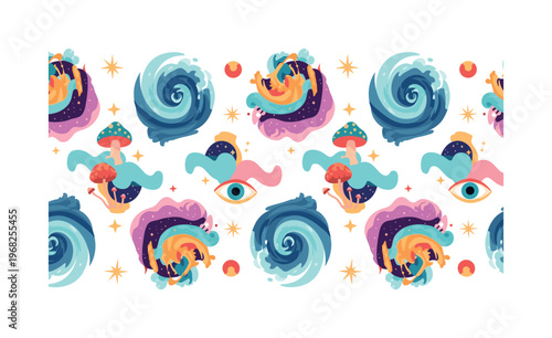 trance patterns seamless pattern, repeating pattern, surface design, textile print, modern illustration of swirling waves, fractals, mushrooms, cosmic stars,