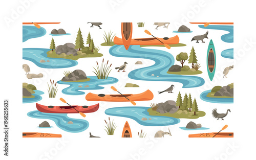 kayak adventure patterns seamless pattern, repeating pattern, surface design, textile print, modern illustration of kayaks, canoes, paddles, rivers, lakes,