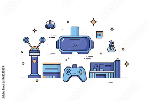 Gaming room setups VR setup scene where a headset, sensors, and gaming space are arranged while small sparkle and line icons emphasize immersion, technology,