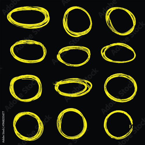 Yelllow Hand Drawn Circle Set on Black Background – Scribble Highlight Rings, Rough Sketch Circles for Annotation, UI and Design Elements.