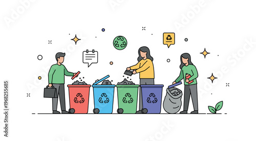 Environmental activism recycling campaign scene where participants sort waste into labeled bins while small sparkle and star icons emphasize organization,