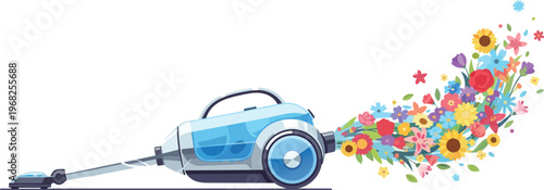Modern Futuristic and Simple Air Purifier Vacuum Cleaner Sucking Up Negative Grey Pollution Clouds and Blowing Out Fresh Colorful Flowers Representing Environmental Cleanup Climate Hope and Positive S