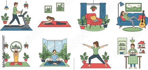 Healthy Lifestyle and Home Activities Illustration Set Featuring Workout, Yoga, Relaxation, Reading, and Daily Routine Scenes in Cozy Indoor Environment