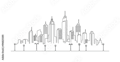 Night Cityscape. Minimalistic one-line drawing city skyline with streetlights and tall buildings, continuous single black line on white background, simple