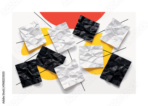 Top view of multiple black and white crumpled paper mockups scattered asymmetrically, visible creases and folds creating depth, large red semicircle anchoring