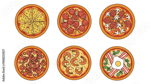 Delicious collection of six different pizza varieties including cheese, pepperoni, mushroom, shrimp, and breakfast toppings in circles.