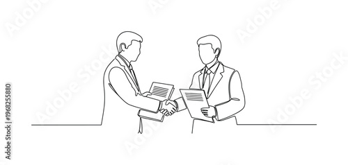 International Agreement. Minimalistic one-line drawing representatives exchanging documents with handshake, continuous single black line on white background,