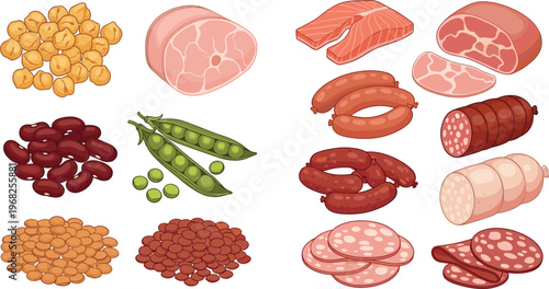 Protein Rich Food Ingredients Collection Featuring Meat, Sausages, Beans, Lentils, Chickpeas, and Peas for Nutrition and Healthy Diet Concept