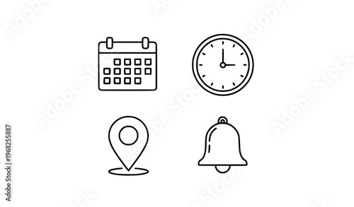 “Date, time, location, and notification icon set including calendar, clock, map pin, and bell symbols for UI and web design”