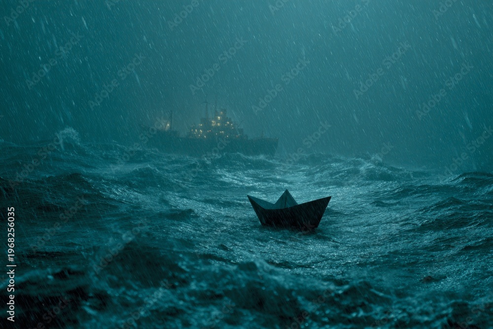 Fototapeta premium Stormy seas, unyielding hearts: chronicles of migration. Cinematic poster. Lightning strikes and waves crash: a cuban boat's perilous voyage. Thriller poster. Blockbuster poster.