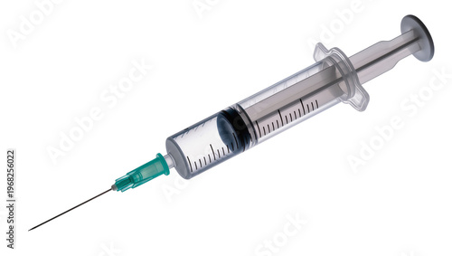 Sterile medical syringe with a slender metallic needle and clear plastic barrel, isolated on transparent background for healthcare concepts