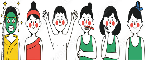 Personal Hygiene and Daily Routine Illustration Set Featuring Skincare, Toothbrushing, Bathing, and Healthy Lifestyle Habits for Cleanliness and Self Care