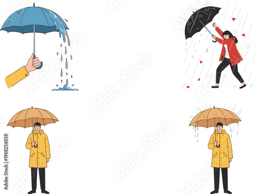 Rainy Weather Illustration Set Featuring People with Umbrellas in Storm, Protection from Rain, and Seasonal Climate Concept Collection