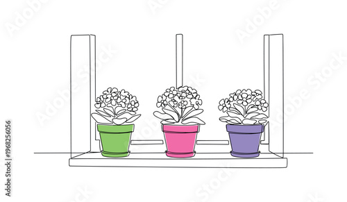Indoor Garden. Minimalistic one-line drawing bright pots with flowering plants on windowsill, continuous single black line on white background, simple outline