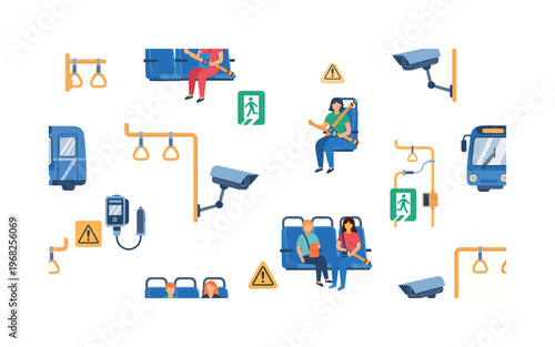 commute safety motifs seamless pattern, repeating pattern, surface design, textile print, modern illustration of passengers on buses and trains, handrails,