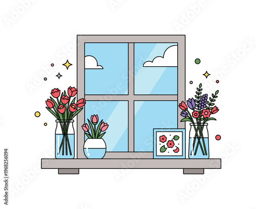Spring flowers window sill bouquet scene where fresh spring flowers bloom in vases while tiny sparkle and star icons highlight decoration, cheer, and seasonal