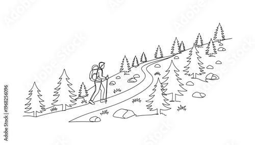 Outdoor Hiking. Minimalistic one-line drawing individual trekking on mountain trail with trees and rocks, continuous single black line on white background,