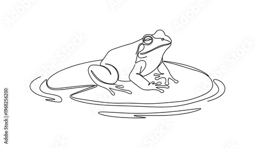 Peaceful Amphibian. Minimalistic one-line drawing frog resting on lily pad in calm pond, continuous single black line on white background, simple outline