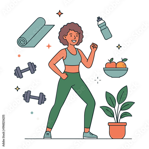 A woman in green workout gear exercising with dumbbells and a yoga mat nearby.