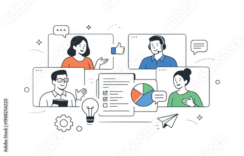 Virtual office meetings overview. Remote team members connected through video call windows, calmly discussing tasks and ideas. Clean digital workspace mood