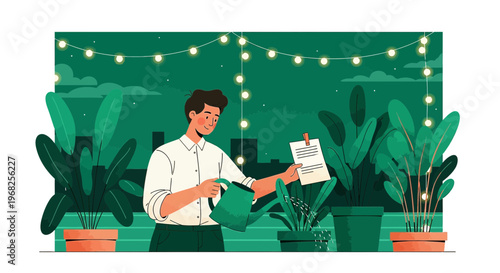 Man watering plants on balcony with city skyline and string lights