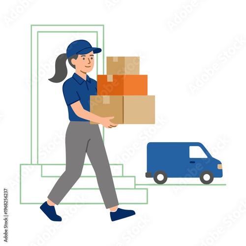 A delivery person carries boxes near a van outside a building.