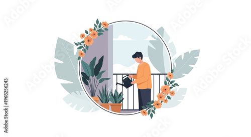 Man watering plants on balcony with floral frame, urban gardening, illustration