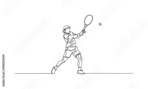 Racquet Swinging Motion. Minimalistic one-line drawing player moving racquet to strike ball, continuous single black line on white background, simple outline