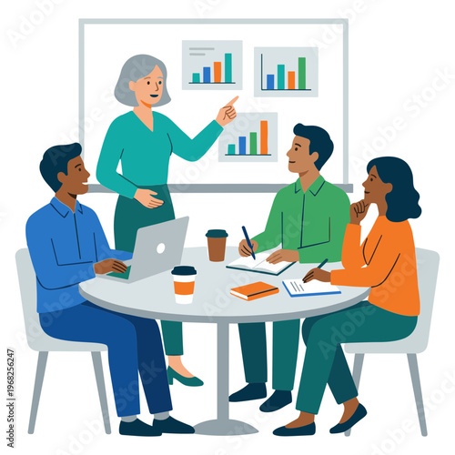 A woman presents data charts to three colleagues sitting around a table.