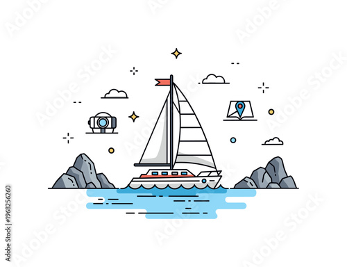 Sailing boat offshore exploration scene where the vessel sails near rocky outcrops while tiny sparkle and line icons emphasize adventure, navigation, and