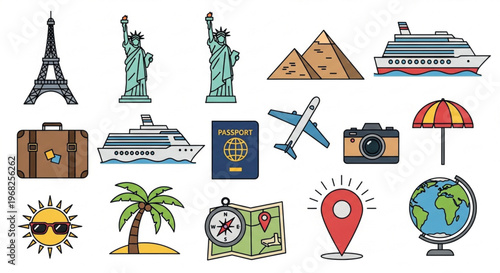 Travel icons set in flat line style, world landmarks and tourism symbols collection, 16 vector elements for vacation planning and global trip graphics