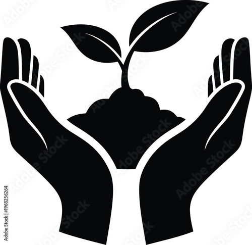 Silhouette hands protecting new plant growing from soil vector illustration