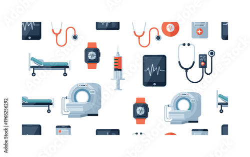 health tech icons seamless pattern, repeating pattern, surface design, textile print, modern illustration of wearable monitors, tablets,