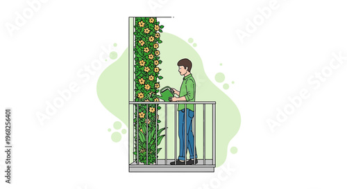 Man watering vertical garden on balcony with yellow flowers, urban greenery concept