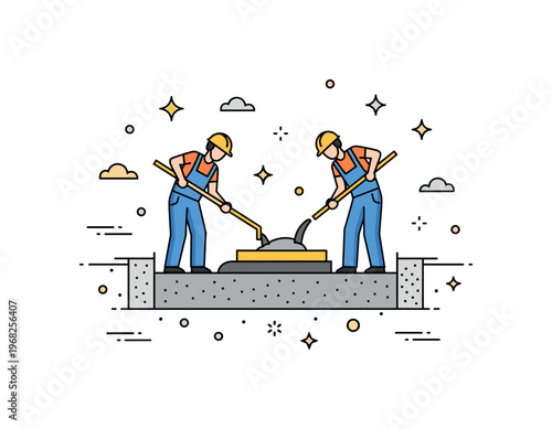 Foundation construction scene where workers pour and level concrete while small sparkle and line icons emphasize stability, strength, and structural integrity.