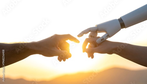 A human hand and a robotic hand reach towards each other, backlit by a bright, warm sunset. They are almost touching