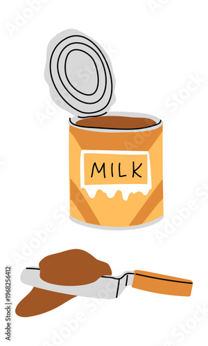 Flat illustration of an open can of boiled condensed milk and a knife with sweet caramel spread. Vector element for dessert recipes, breakfast menu or bakery design. Isolated on white background