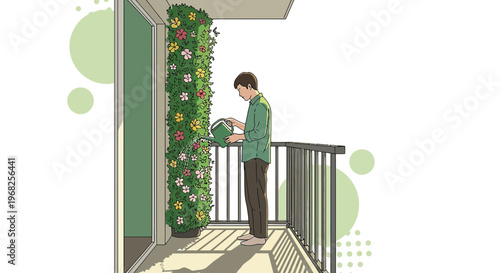 Man watering vertical garden on balcony, urban gardening lifestyle, green living