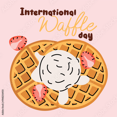 Flat illustration of golden waffles with a scoop of vanilla ice cream and strawberries for International Waffle Day. Tasty dessert celebration greeting card on pink background. Isolated graphic